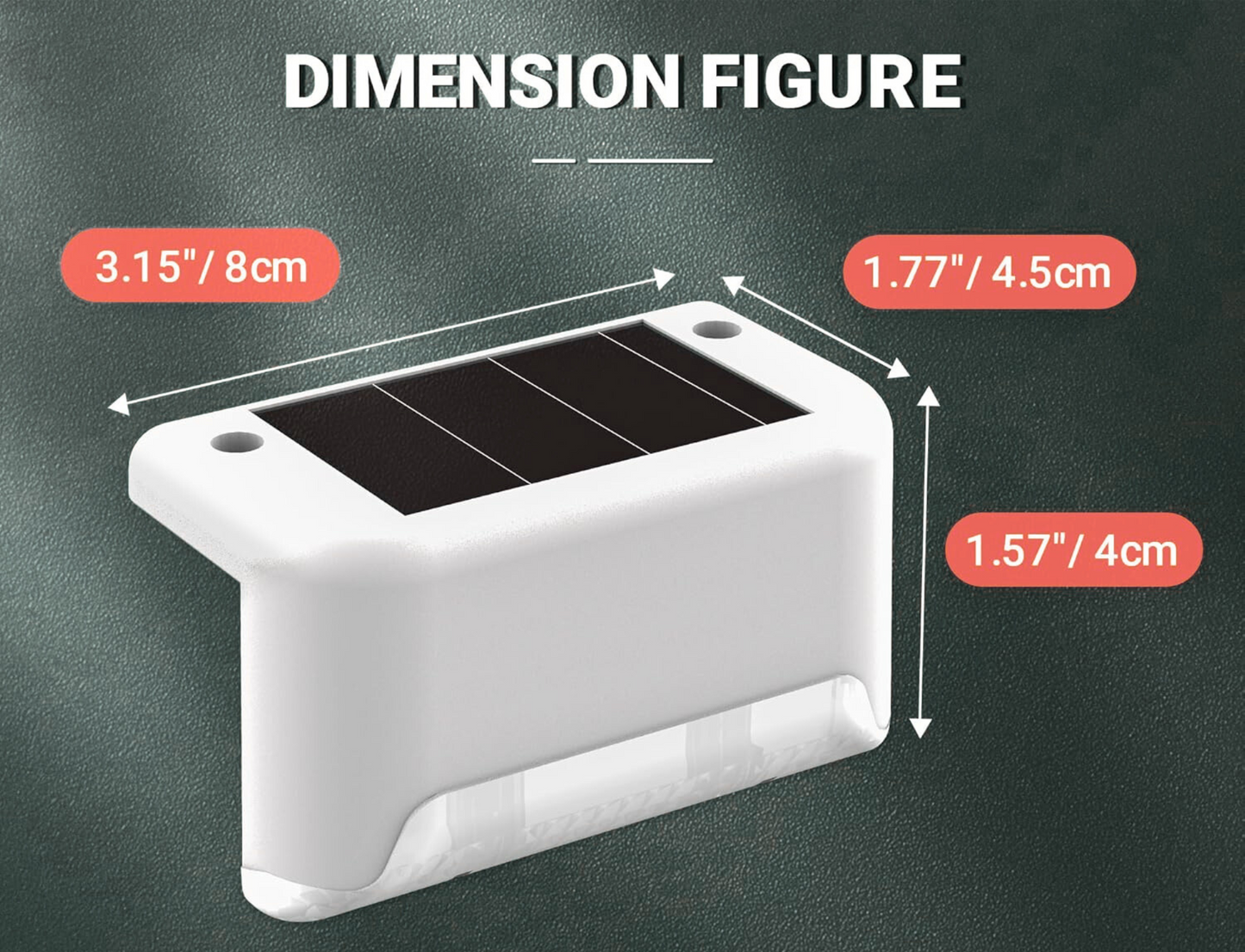 White solar panel device with dimensions labeled on a dark background, including screws and installation tools.