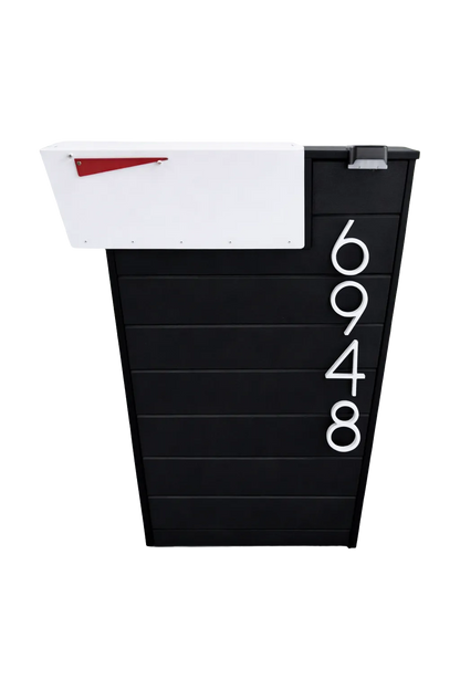 Black mailbox post with white address numbers on a white background
