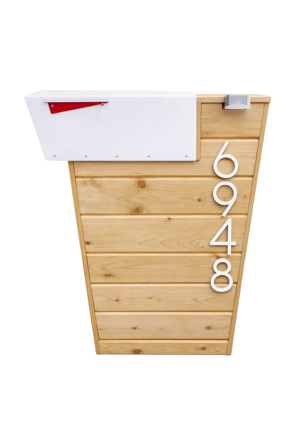 Wooden mailbox post with address numbers on a white background