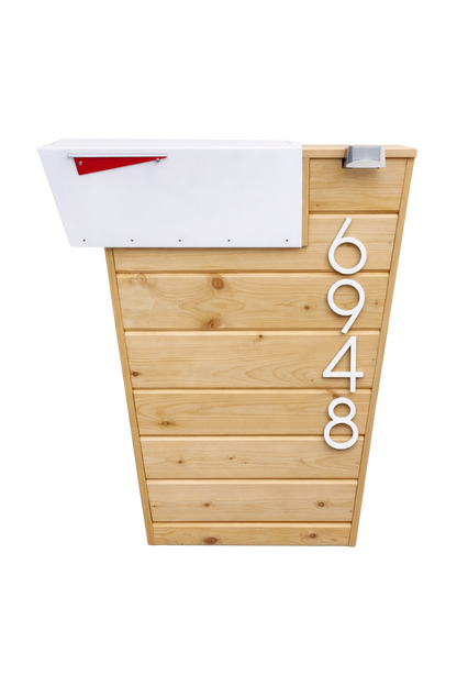Wooden mailbox post with address numbers on a white background