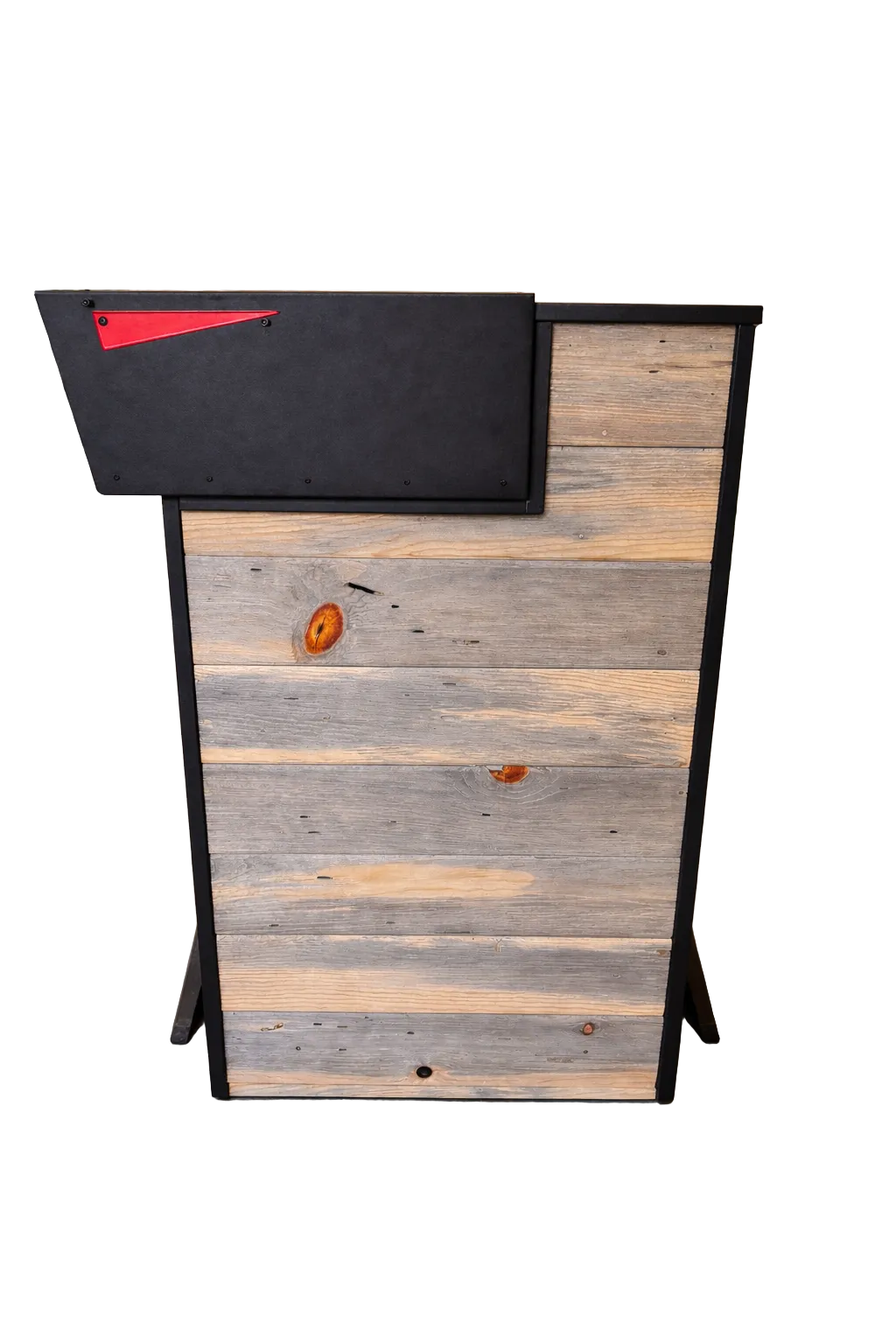 Wooden mailbox post with black top and red flag on a white background