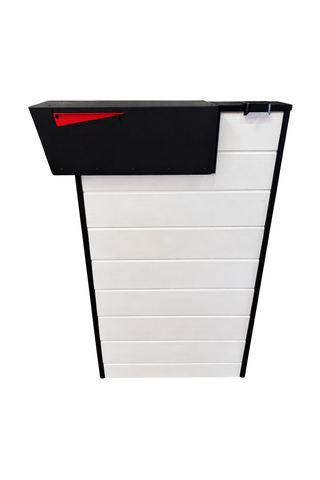 Black mailbox on white wooden mailbox post on a white background