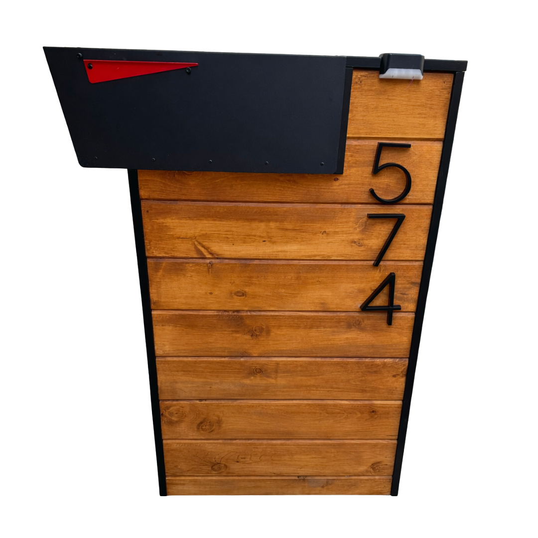 Wooden mailbox post with black mailbox on a white background