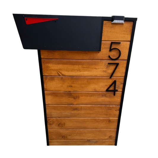 Wooden mailbox post with black mailbox on a white background