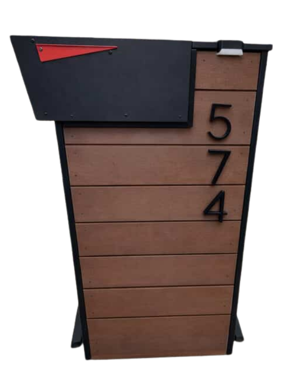 Mailbox post with wooden panel design and house numbers on a white background