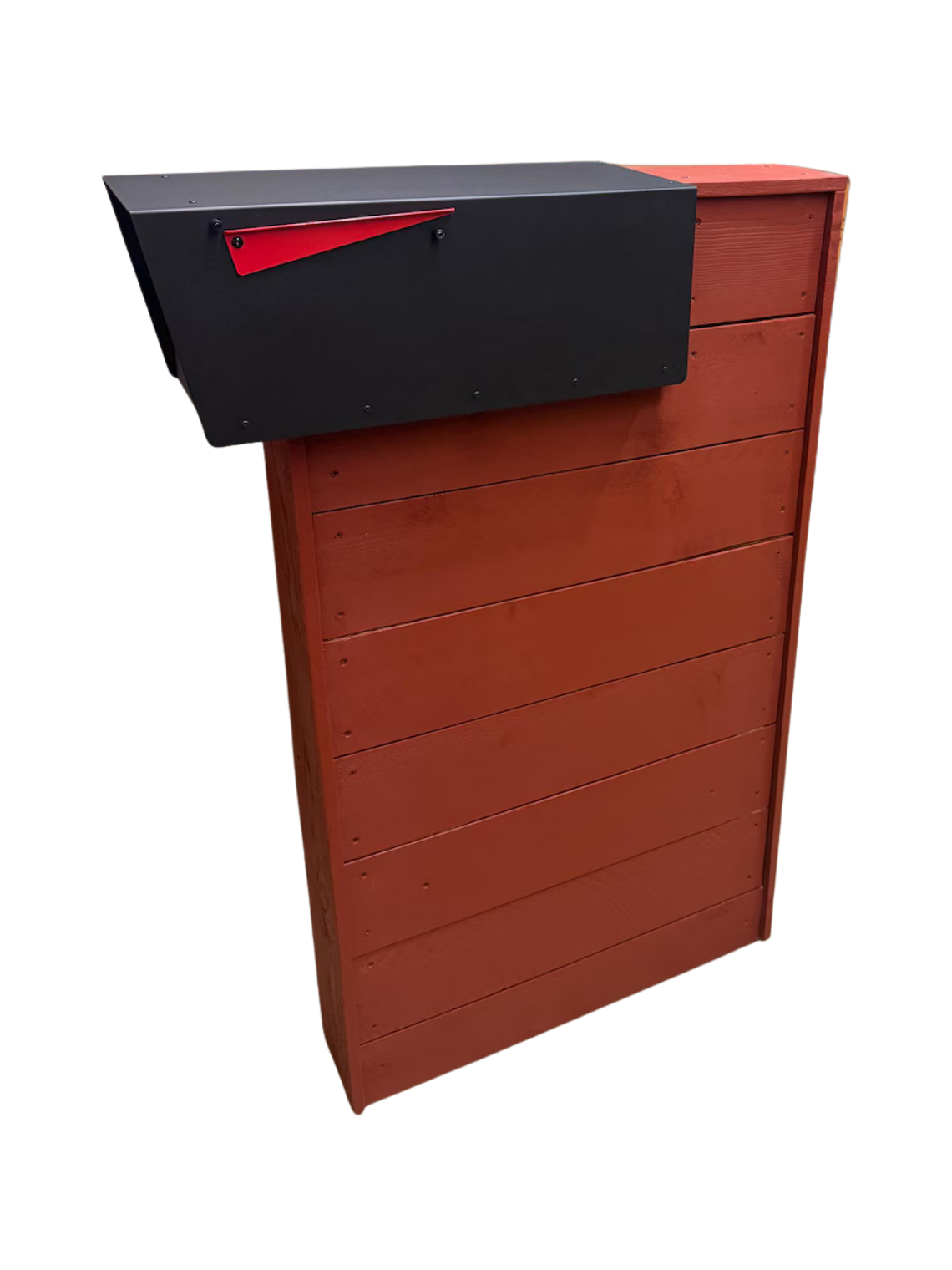 Red mailbox post with black top on a white background