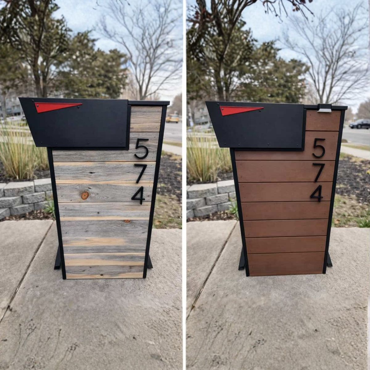 Two views of a modern mailbox with wooden slats and black top, featuring the number 574.
