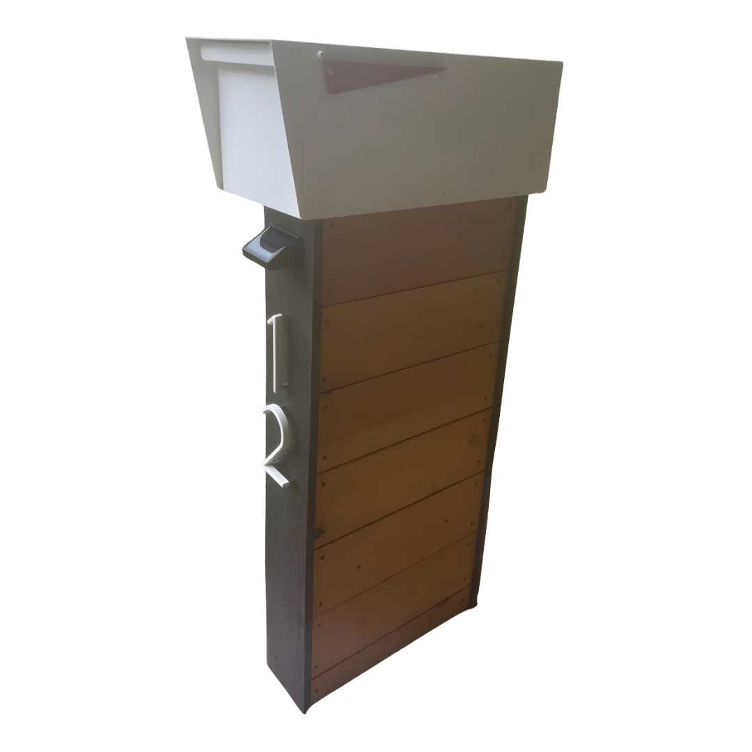 Wooden mailbox post with a white top on a white background