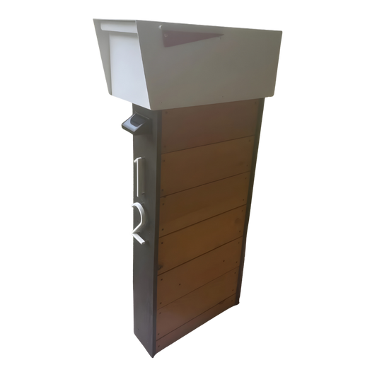 Wooden mailbox post with a white top on a white background