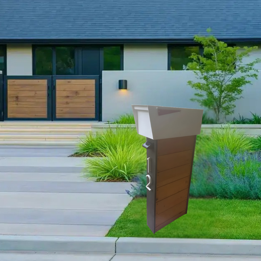 Modern outdoor setting with a wooden mailbox post in front of a house.