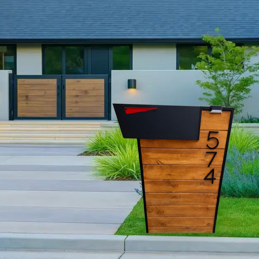 Wooden mailbox post with house numbers in front of a modern house