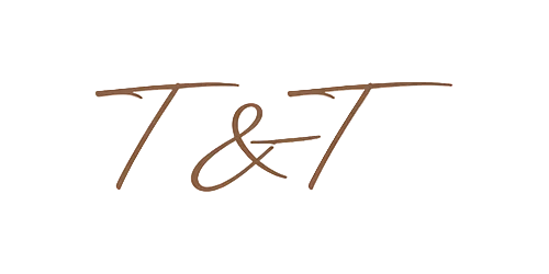 Signature-style logo with 'T&T' in brown on a white background