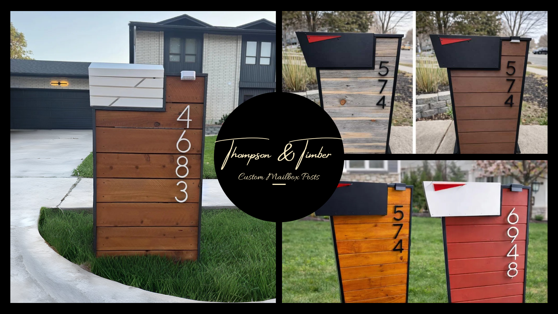 Collage of wooden mailbox and address sign with 'Thompson & Timber' branding.